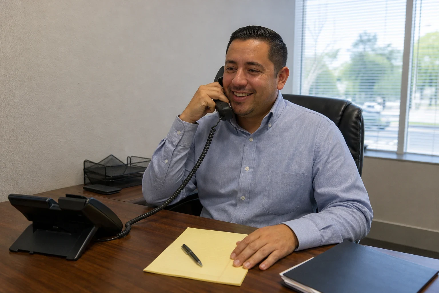 Smiling insurance agent in a blue button-down shirt talks on a corded desk phone at a wooden desk with a yellow legal pad, pen and folder, a bright window behind him